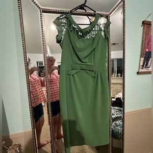Tatyana Green Sheath Dress with Cowl Neck and Flutter Sleeves